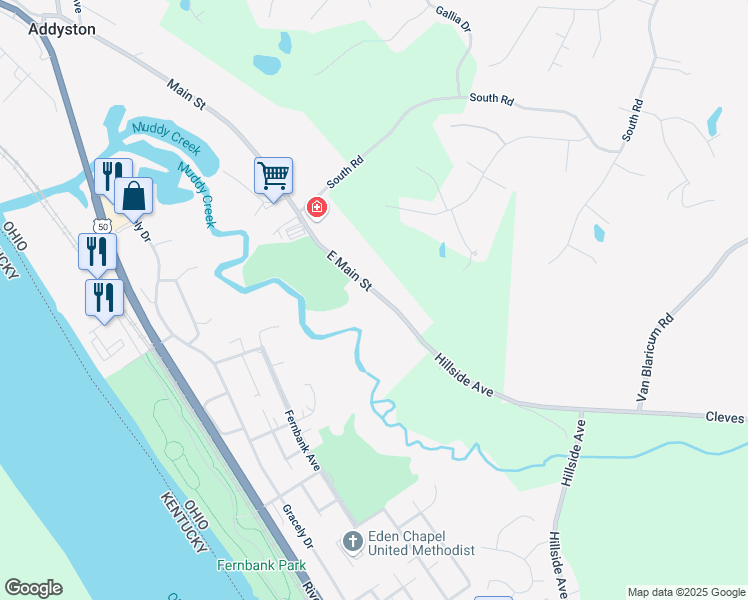 map of restaurants, bars, coffee shops, grocery stores, and more near 47 East Main Street in Addyston