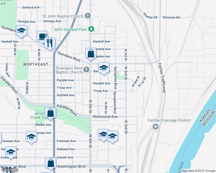 map of restaurants, bars, coffee shops, grocery stores, and more near 417 Parallel Avenue in Kansas City