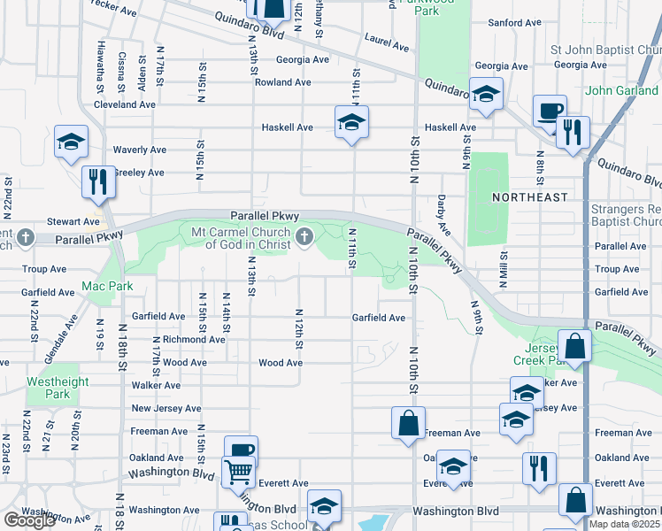 map of restaurants, bars, coffee shops, grocery stores, and more near 1135 Troup Avenue in Kansas City