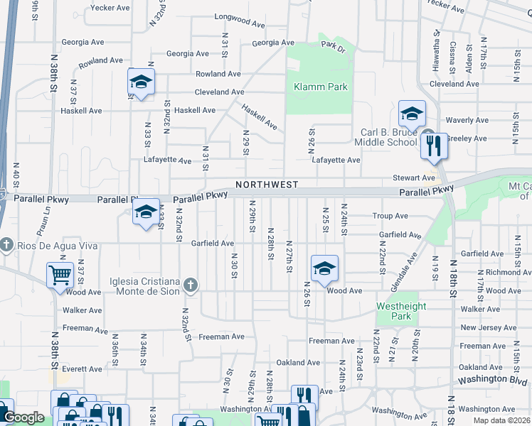 map of restaurants, bars, coffee shops, grocery stores, and more near 1954 North 28th Street in Kansas City