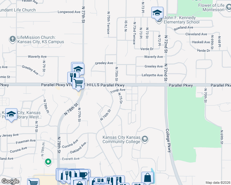 map of restaurants, bars, coffee shops, grocery stores, and more near 1915 North 75 Drive in Kansas City