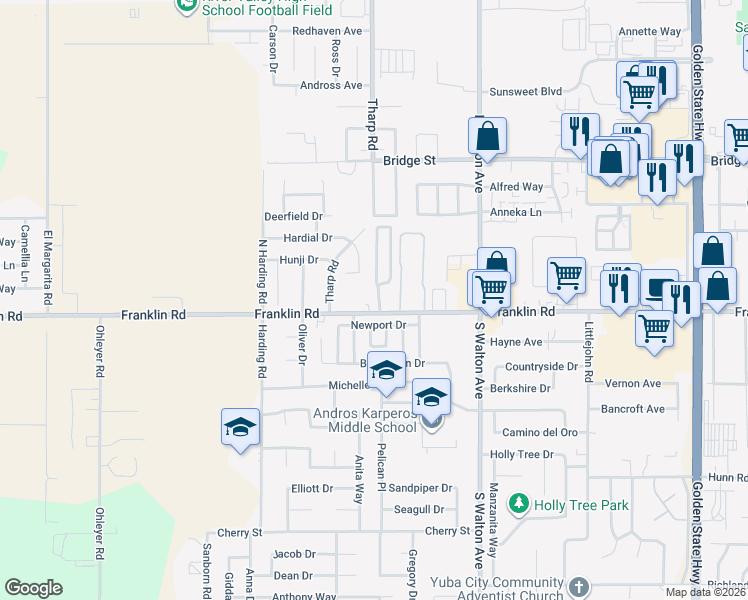 map of restaurants, bars, coffee shops, grocery stores, and more near 1781 Franklin Road in Yuba City