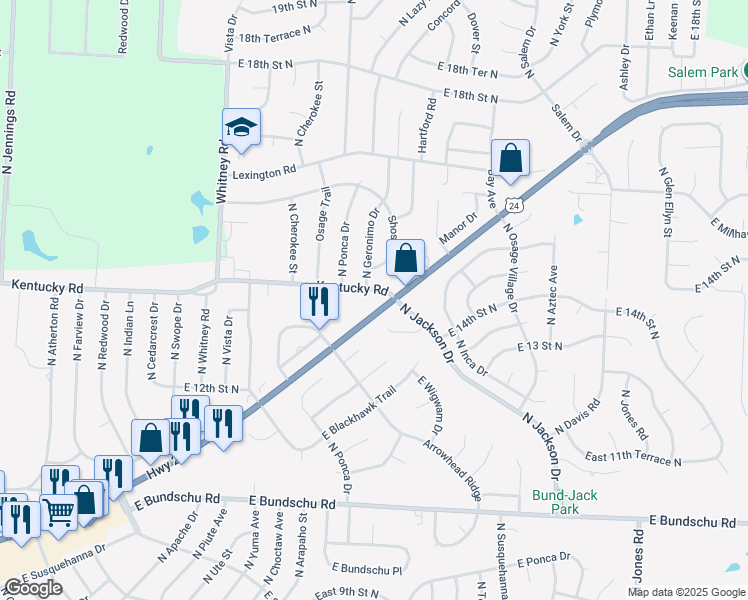 map of restaurants, bars, coffee shops, grocery stores, and more near 18812 East US Highway 24 in Independence