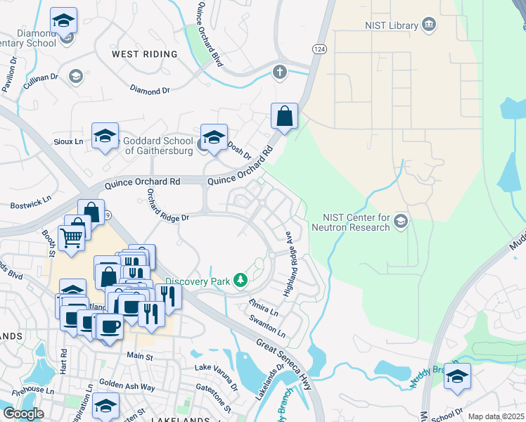 map of restaurants, bars, coffee shops, grocery stores, and more near 122 Winter Walk Drive in Gaithersburg