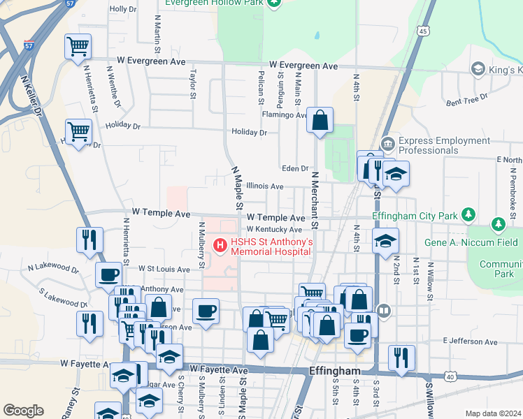 map of restaurants, bars, coffee shops, grocery stores, and more near 703 North Walnut Street in Effingham