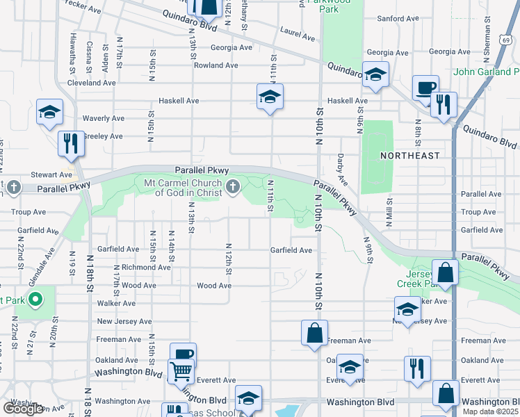 map of restaurants, bars, coffee shops, grocery stores, and more near 1130 Troup Avenue in Kansas City