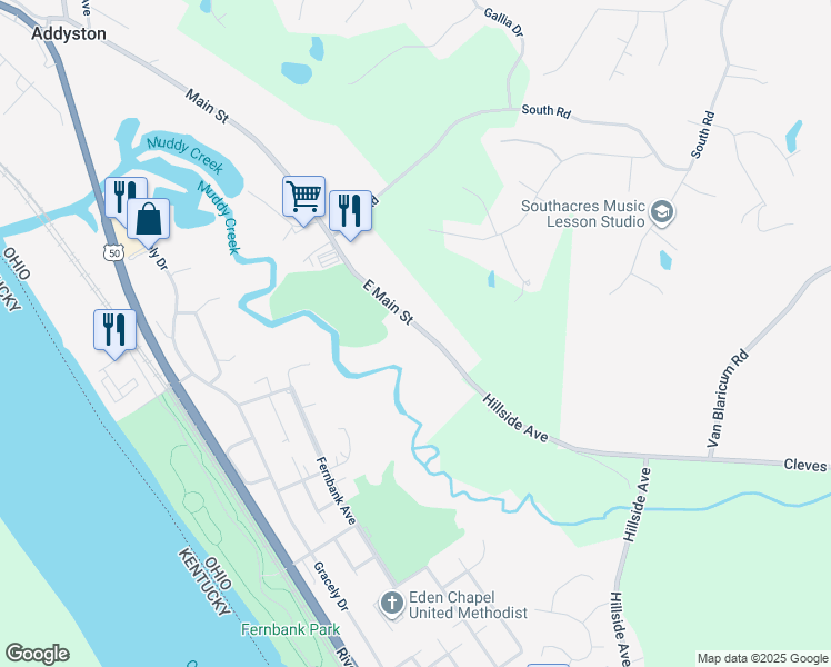 map of restaurants, bars, coffee shops, grocery stores, and more near 47 East Main Street in Addyston