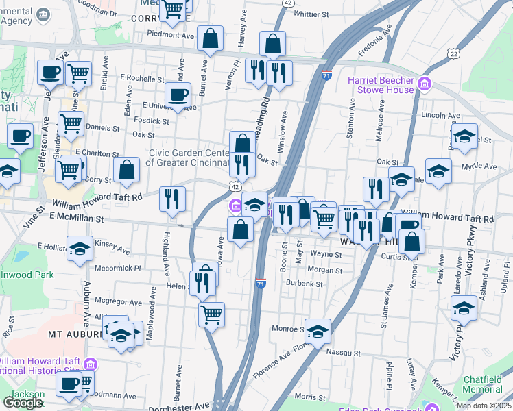 map of restaurants, bars, coffee shops, grocery stores, and more near 604 Crown Street in Cincinnati