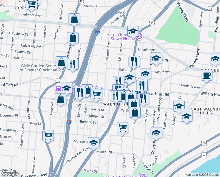 map of restaurants, bars, coffee shops, grocery stores, and more near 801 William Howard Taft Road in Cincinnati