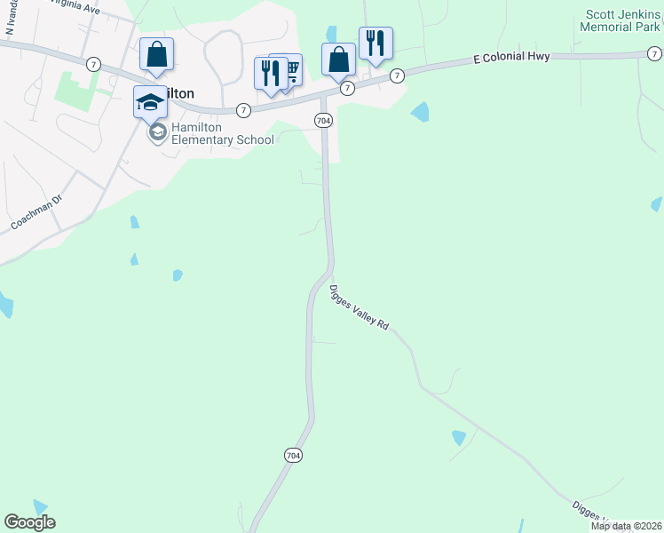 map of restaurants, bars, coffee shops, grocery stores, and more near 17679 Harmony Church Rd in Hamilton