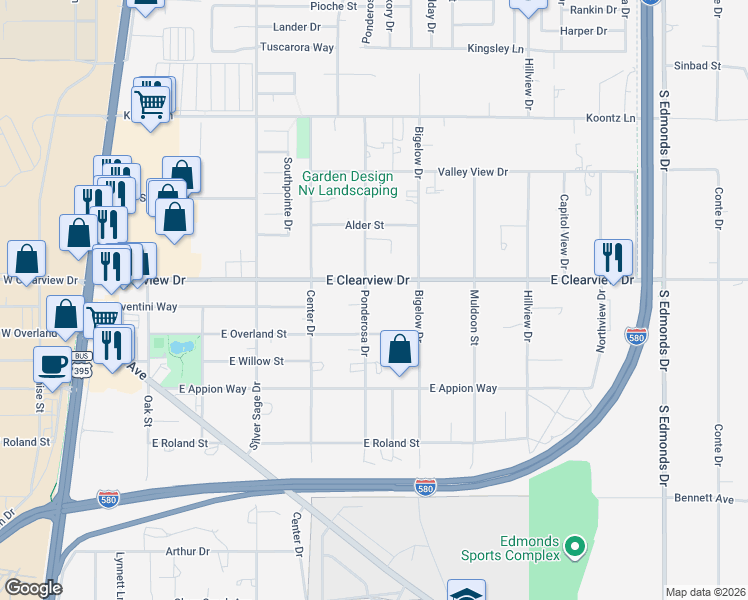 map of restaurants, bars, coffee shops, grocery stores, and more near 4399 Ponderosa Drive in Carson City