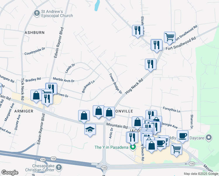 map of restaurants, bars, coffee shops, grocery stores, and more near 3515 Old Crown Drive in Pasadena