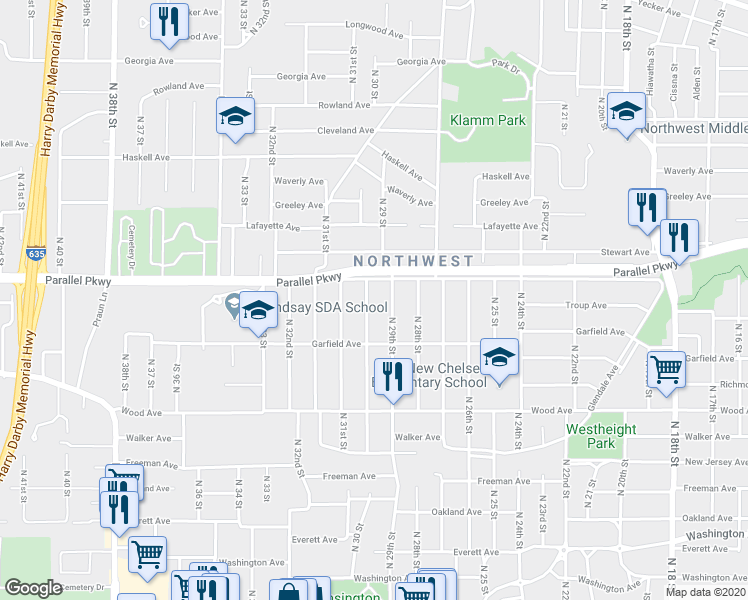 map of restaurants, bars, coffee shops, grocery stores, and more near 1961 N 30th St in Kansas City