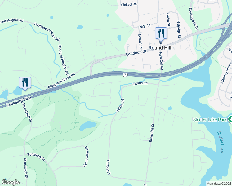 map of restaurants, bars, coffee shops, grocery stores, and more near 17704 Sweetgum Place in Round Hill