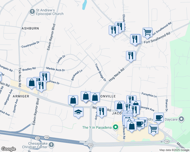 map of restaurants, bars, coffee shops, grocery stores, and more near 3515 Old Crown Drive in Pasadena