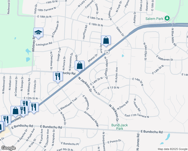 map of restaurants, bars, coffee shops, grocery stores, and more near 1413 North Inca Drive in Independence