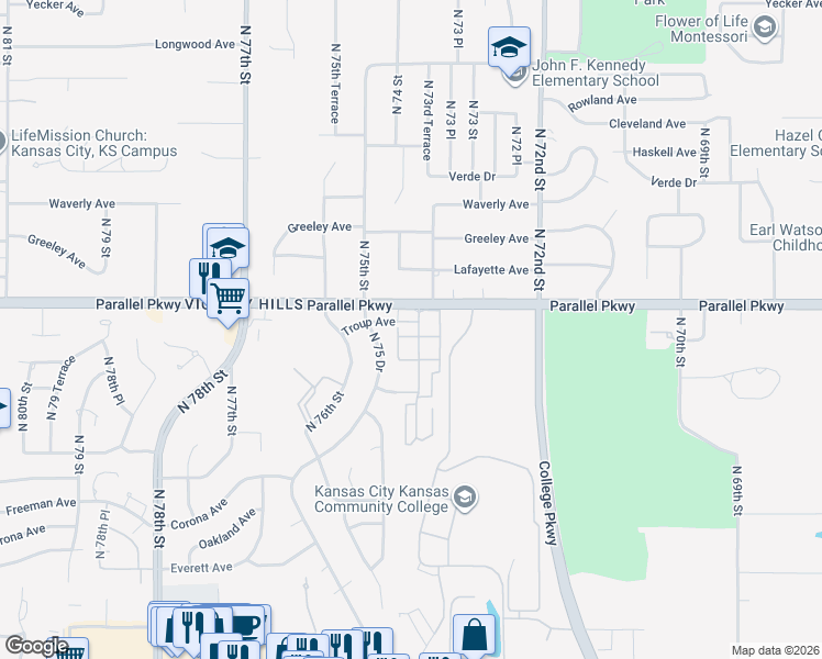 map of restaurants, bars, coffee shops, grocery stores, and more near 7329 Troup Avenue in Kansas City