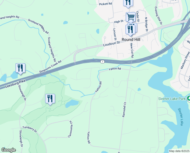 map of restaurants, bars, coffee shops, grocery stores, and more near 17704 Sweetgum Place in Round Hill