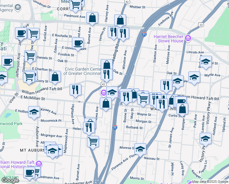 map of restaurants, bars, coffee shops, grocery stores, and more near 604 Crown Street in Cincinnati