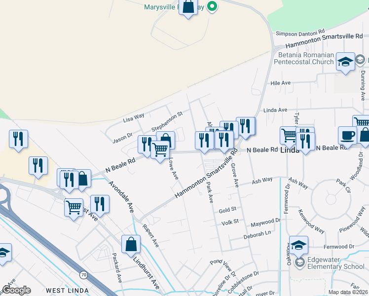 map of restaurants, bars, coffee shops, grocery stores, and more near 1545 North Beale Road in Marysville