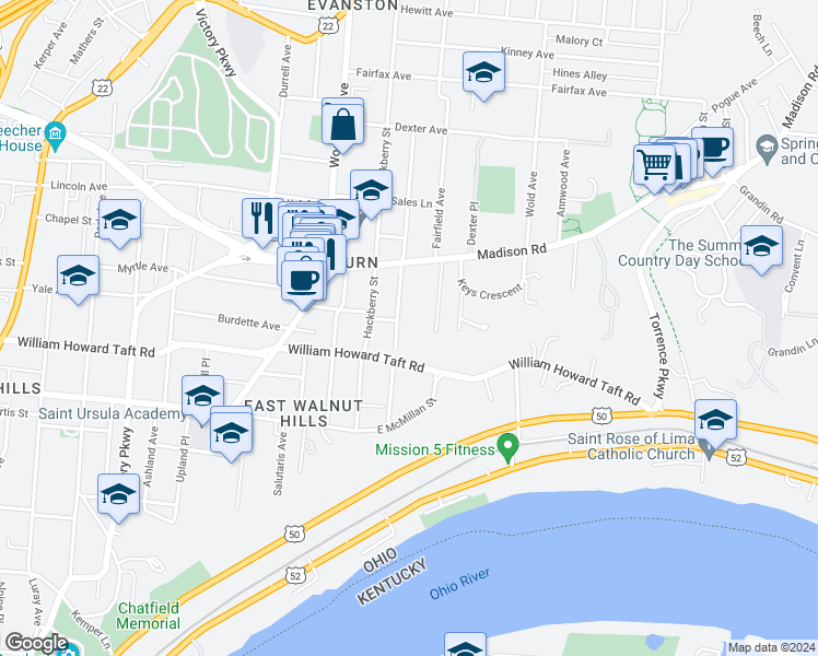 map of restaurants, bars, coffee shops, grocery stores, and more near 2625 Cleinview Avenue in Cincinnati