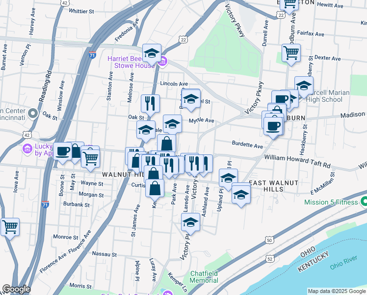 map of restaurants, bars, coffee shops, grocery stores, and more near 2609 Park Avenue in Cincinnati