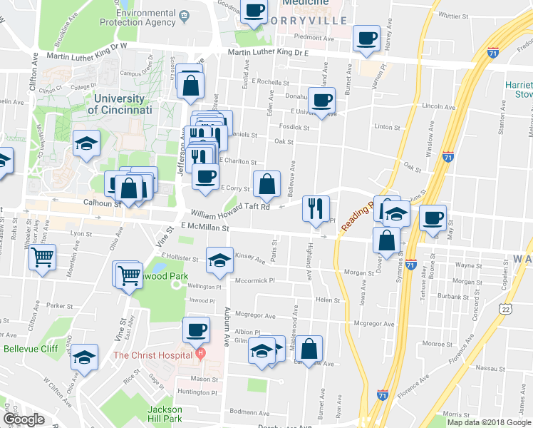 map of restaurants, bars, coffee shops, grocery stores, and more near 205 William Howard Taft Road in Cincinnati
