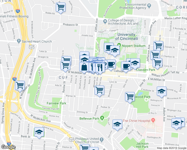 map of restaurants, bars, coffee shops, grocery stores, and more near 2377 Wheeler Street in Cincinnati