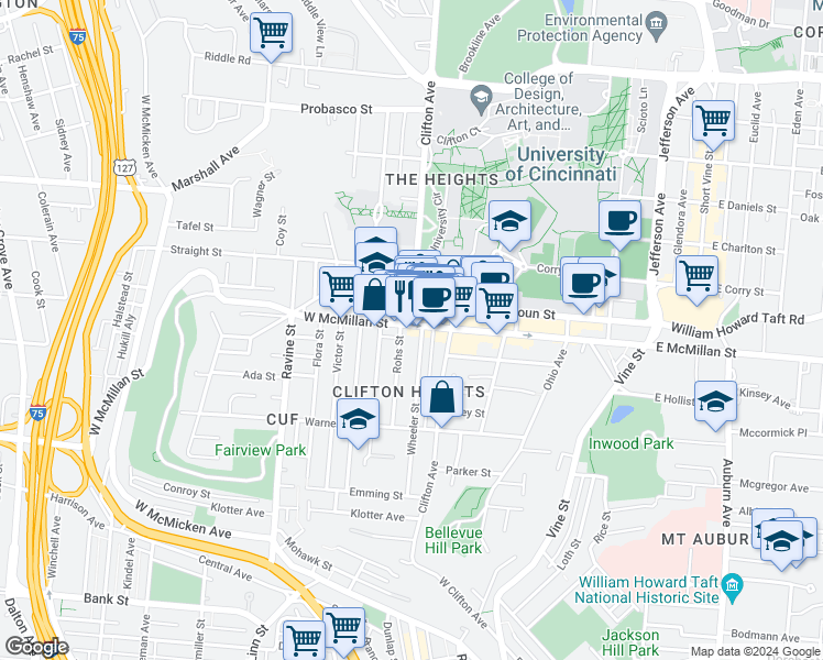 map of restaurants, bars, coffee shops, grocery stores, and more near 2377 Wheeler Street in Cincinnati