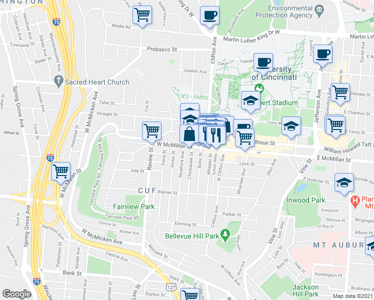 map of restaurants, bars, coffee shops, grocery stores, and more near 2374 Chickasaw Street in Cincinnati