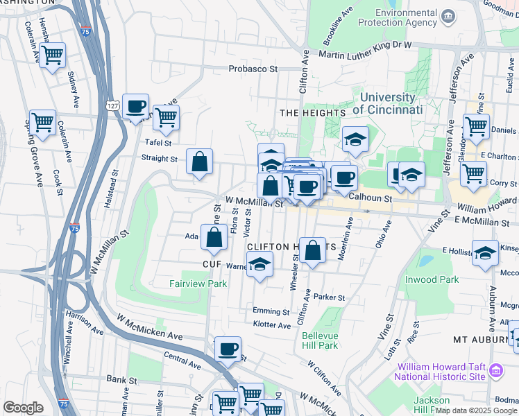 map of restaurants, bars, coffee shops, grocery stores, and more near 2372 Victor Street in Cincinnati