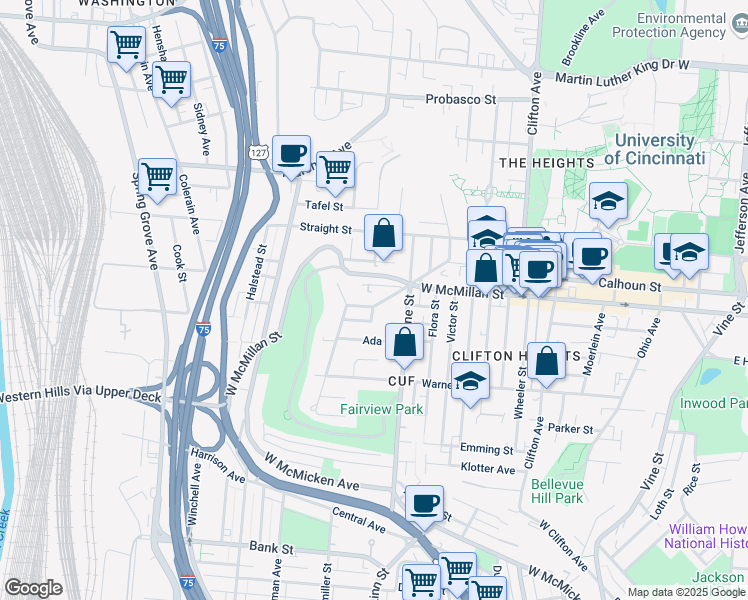 map of restaurants, bars, coffee shops, grocery stores, and more near 2472 Fairview Avenue in Cincinnati