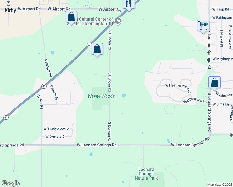 map of restaurants, bars, coffee shops, grocery stores, and more near 3705 South Duncan Road in Bloomington