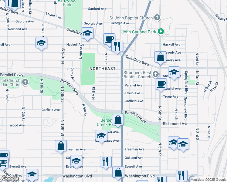 map of restaurants, bars, coffee shops, grocery stores, and more near 711 Troup Avenue in Kansas City