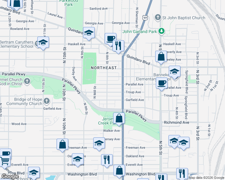 map of restaurants, bars, coffee shops, grocery stores, and more near 741 Troup Avenue in Kansas City