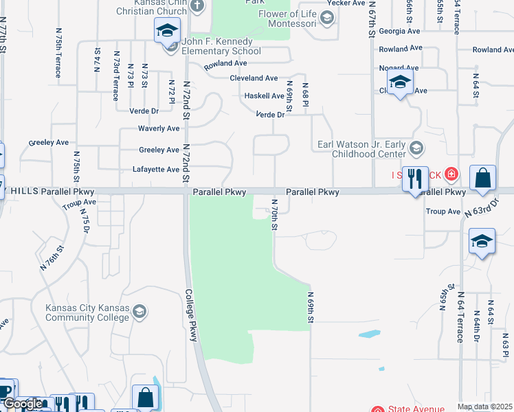 map of restaurants, bars, coffee shops, grocery stores, and more near 1900 North 70th Street in Kansas City
