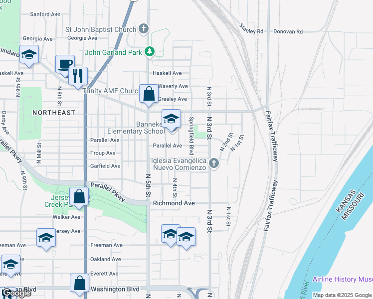map of restaurants, bars, coffee shops, grocery stores, and more near 400 Troup Avenue in Kansas City
