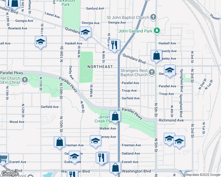 map of restaurants, bars, coffee shops, grocery stores, and more near 711 Troup Avenue in Kansas City