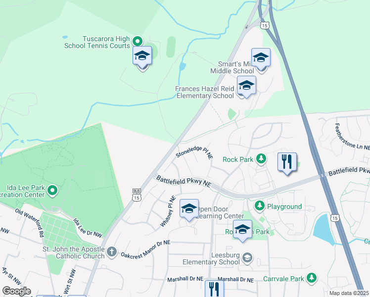 map of restaurants, bars, coffee shops, grocery stores, and more near 110 Stoneledge Place Northeast in Leesburg