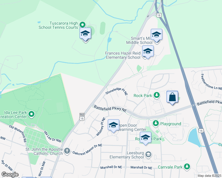 map of restaurants, bars, coffee shops, grocery stores, and more near 110 Stoneledge Place Northeast in Leesburg