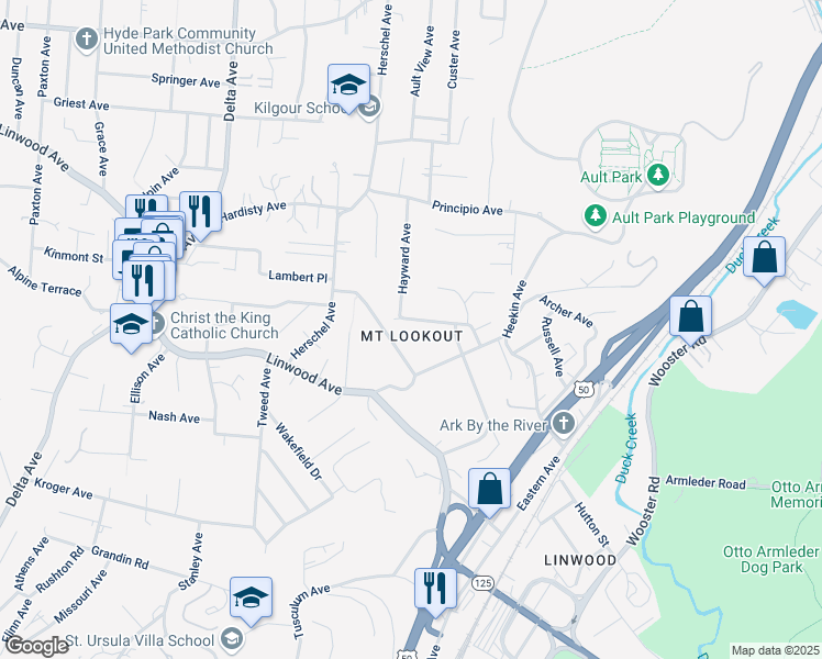 map of restaurants, bars, coffee shops, grocery stores, and more near 3441 Arnold Street in Cincinnati