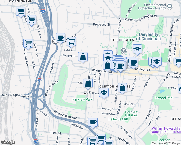 map of restaurants, bars, coffee shops, grocery stores, and more near 343 Cassatt Avenue in Cincinnati
