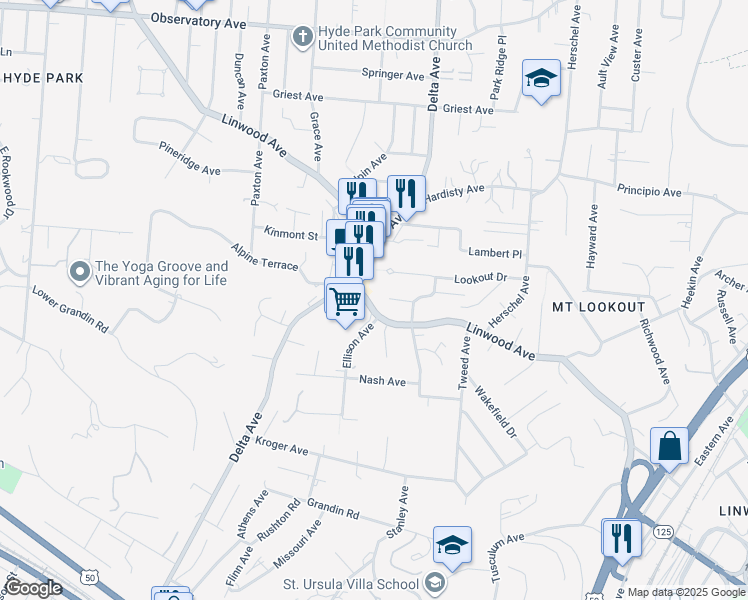 map of restaurants, bars, coffee shops, grocery stores, and more near 3224 Linwood Avenue in Cincinnati