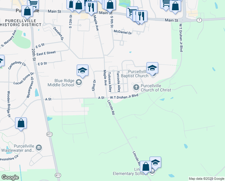 map of restaurants, bars, coffee shops, grocery stores, and more near 629 Greysands Lane in Purcellville