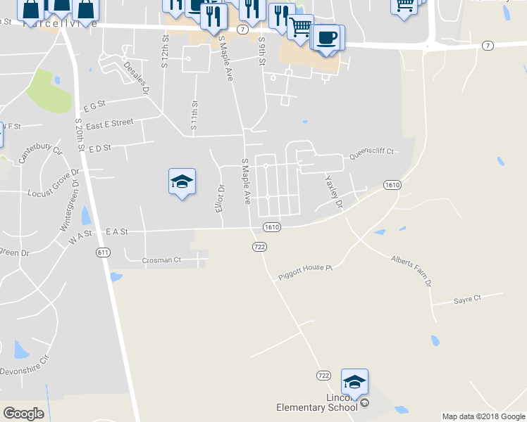map of restaurants, bars, coffee shops, grocery stores, and more near 629 Greysands Lane in Purcellville