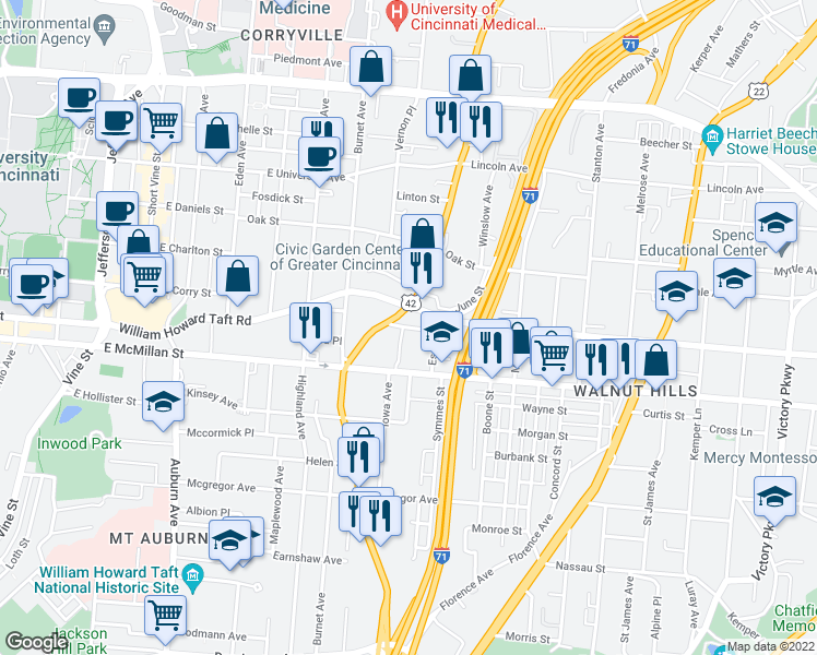 map of restaurants, bars, coffee shops, grocery stores, and more near 501 Minnesota Street in Cincinnati