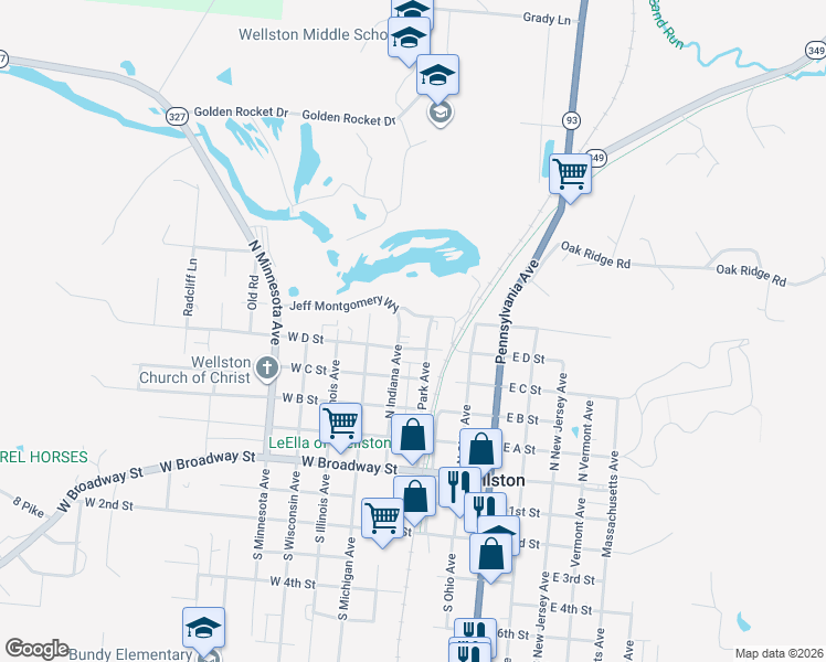 map of restaurants, bars, coffee shops, grocery stores, and more near 10W West D Street in Wellston