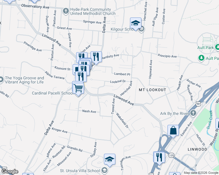 map of restaurants, bars, coffee shops, grocery stores, and more near 1302 Herlin Place in Cincinnati