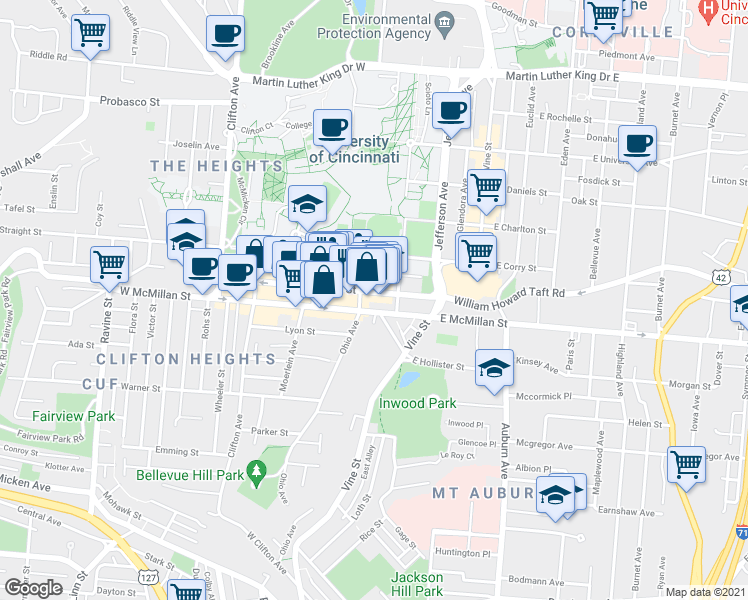 map of restaurants, bars, coffee shops, grocery stores, and more near in Cincinnati