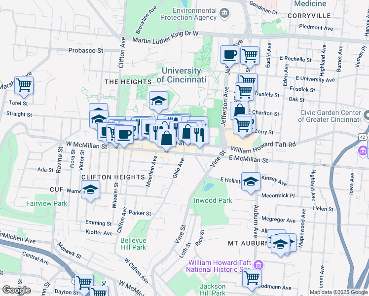 map of restaurants, bars, coffee shops, grocery stores, and more near in Cincinnati